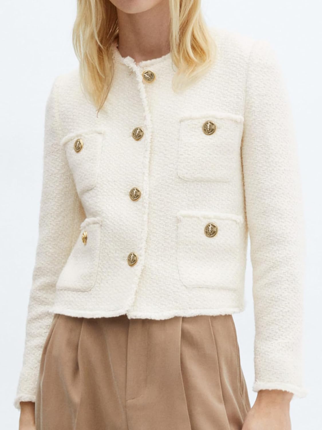 womens cropped tweed blazer collarless casual business suit jacket fall elegant outerwear